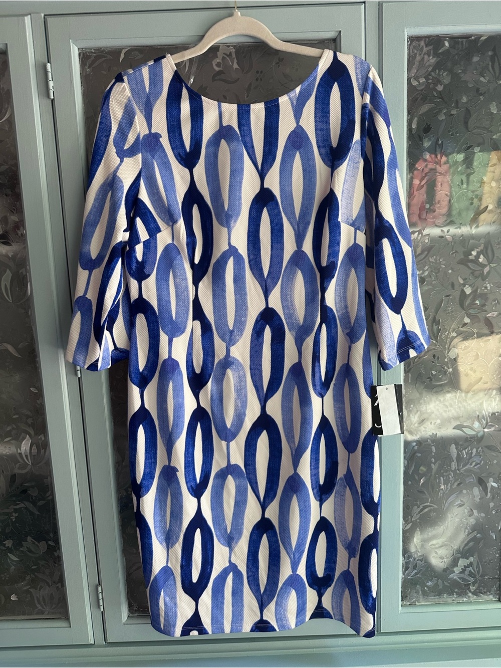 R&M Richards Blue and White Geometric Sheath Dress